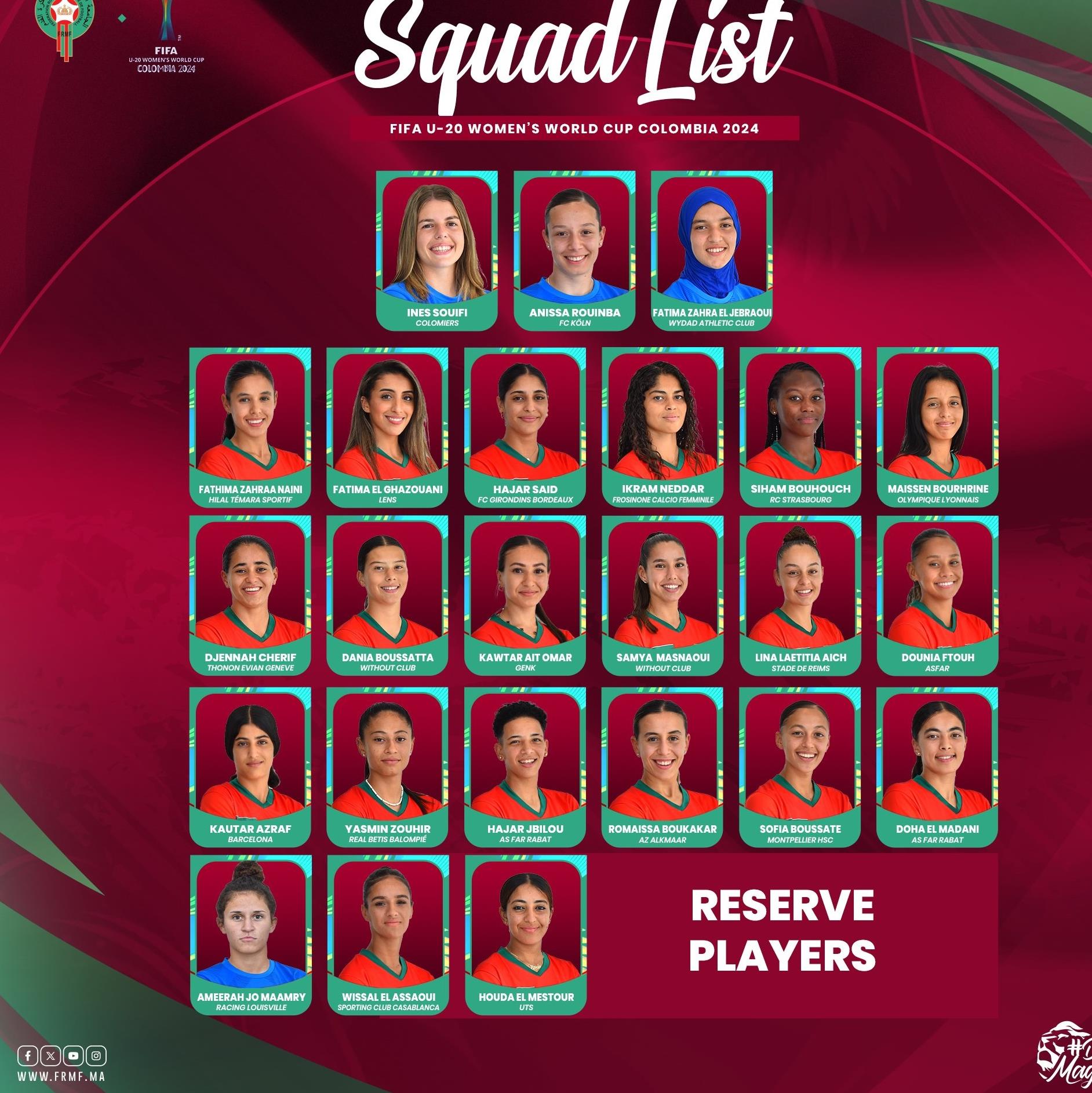 فيلدا يكشف عن اللائحة النهائية لمنتخب السيدات لأقل من 20 سنة المشاركة في مونديال كولومبيا 7 فيلدا يكشف عن اللائحة النهائية لمنتخب السيدات لأقل من 20 سنة المشاركة في مونديال كولومبيا